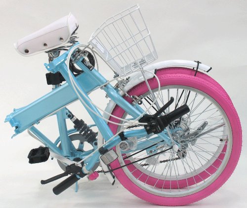 ECJOY!】 ＰＡＮＧＡＥＡ PANGAEA（ﾊﾟﾝｹﾞｱ） VIVID ビビットﾞ 20ｲﾝﾁ シマノ6段変速 折りたたみ自転車 73375-03  （ブルー/BLUE/青） ［リアサスペンション ピンクカラータイヤ 前後泥除け/カゴ標準装備］ 【北海道・沖縄・離島への配送不可】